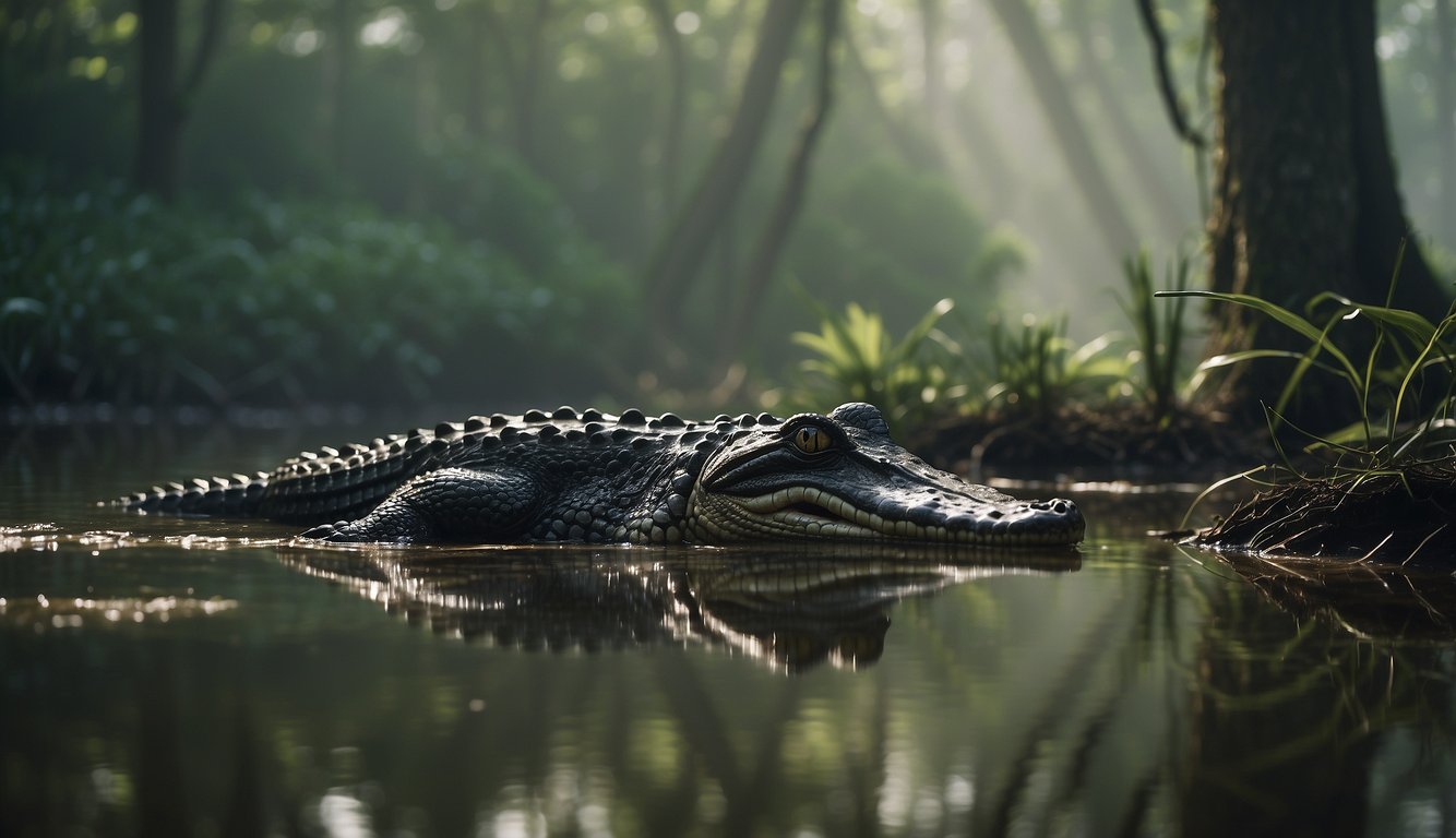 The murky swamp is teeming with life.

Alligators bask in the sun while turtles and birds navigate the tangled roots and waterways.

Lush green vegetation and misty waters create a mysterious and captivating atmosphere