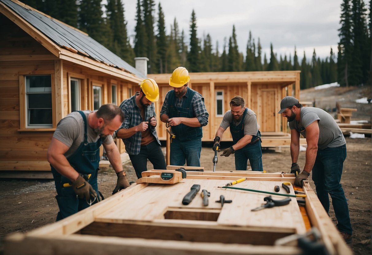 A group of builders in Alberta customize tiny homes with tools and materials, carefully designing each detail for a unique and functional living space