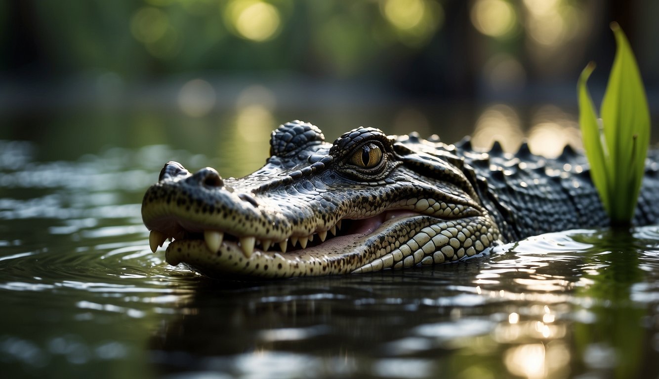 An alligator swims stealthily through murky swamp waters, its powerful jaws and scaly body illuminated by the dappled sunlight filtering through the dense foliage above