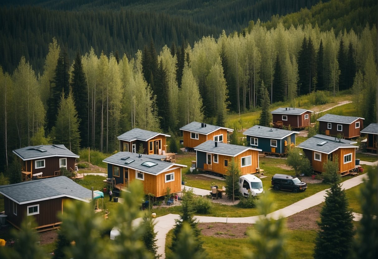 A cluster of tiny homes surrounded by lush greenery in an Alberta community, with builders constructing new units and families enjoying the peaceful atmosphere