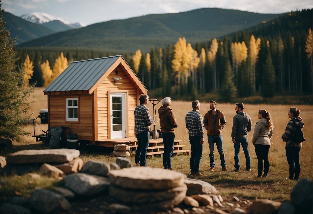 A group of people gather around a small, cozy tiny home in Alberta, asking questions to the builders. The home is surrounded by beautiful scenery, with mountains in the background