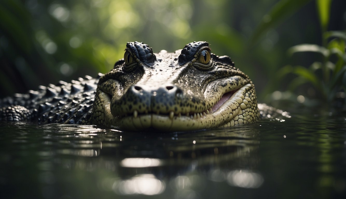 An alligator swims through murky waters, surrounded by lush vegetation and other wildlife.

The scene is teeming with life, showcasing the beauty and diversity of the swamp ecosystem