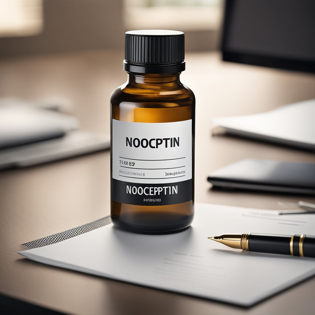 A bottle of Nooceptin sits on a sleek, modern desk. The label prominently displays the product name and year. A stack of papers and a pen are nearby, hinting at the cognitive benefits of the nootropic