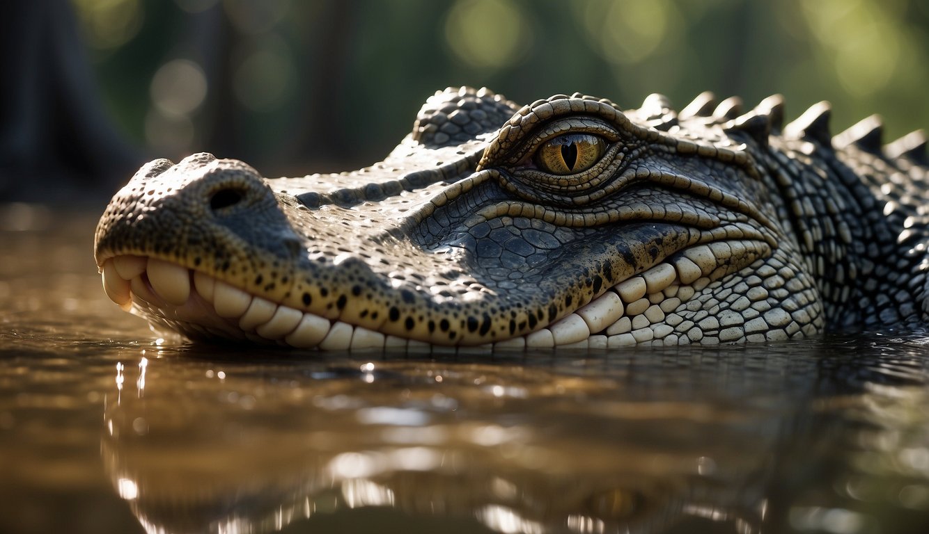 An alligator basks in the sun on a muddy bank, surrounded by cypress trees and murky water.

Its scaly skin glistens in the light as it rests with its jaws slightly open