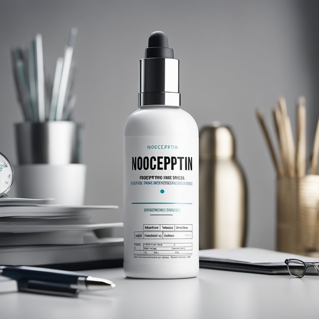 A bottle of Nooceptin sits on a sleek, modern desk. The label is clean and professional, with bold lettering that catches the eye. The bottle is surrounded by scattered papers and a pen, suggesting a busy, productive workspace