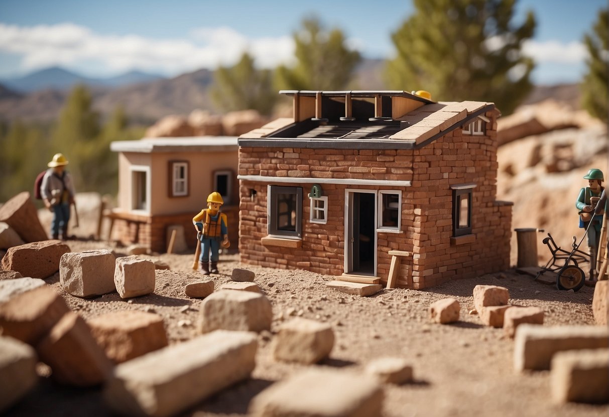 Tiny home builders in Albuquerque construct a small house with adobe bricks and a flat roof under the bright New Mexico sun