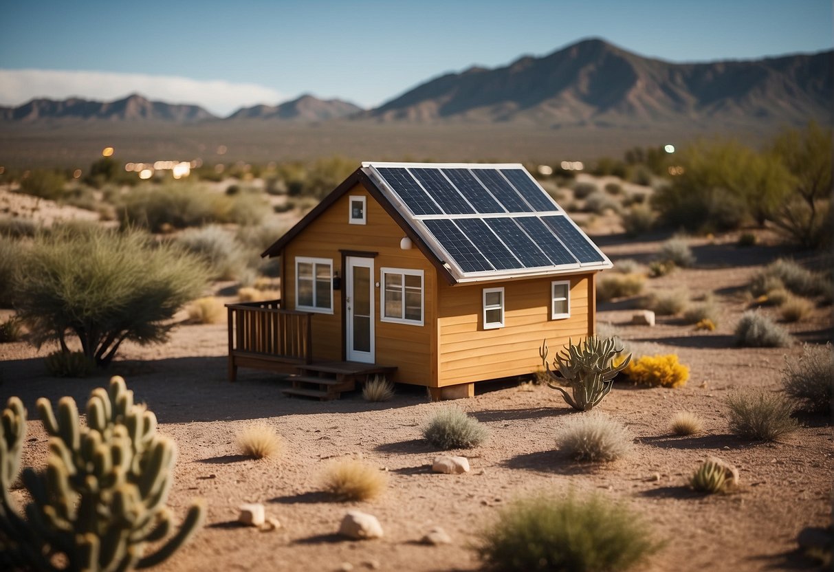 A cozy tiny home nestled in the desert landscape of Albuquerque, with solar panels on the roof and a small garden outside