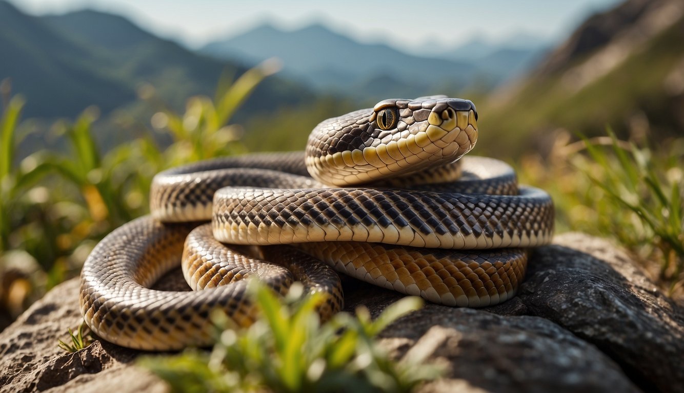 A group of colorful snakes slither across a rocky terrain, their scales glistening in the sunlight.

Some are coiled around branches, while others are weaving through tall grass
