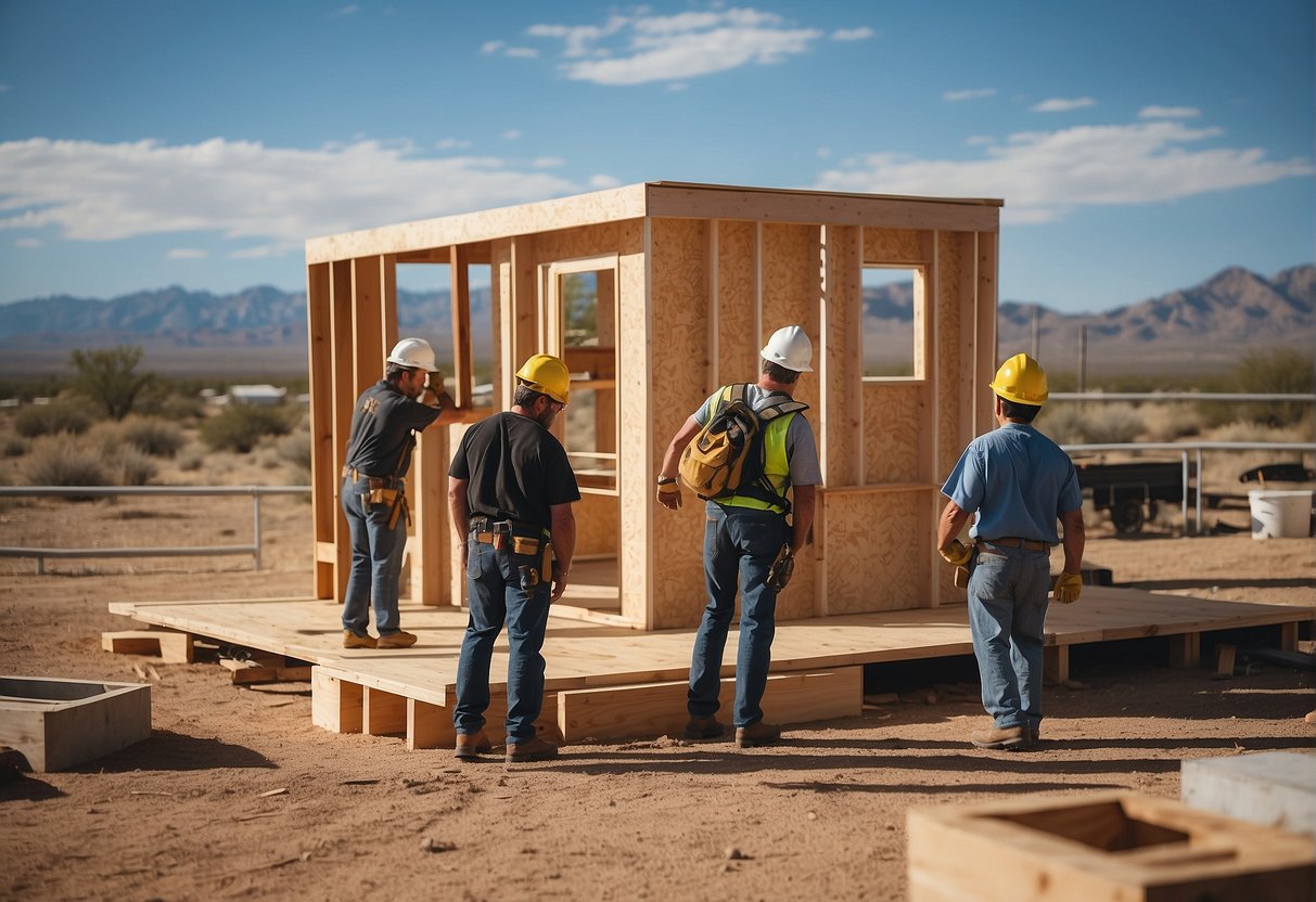 A group of builders construct a tiny home in Albuquerque, surrounded by desert landscape and clear blue skies