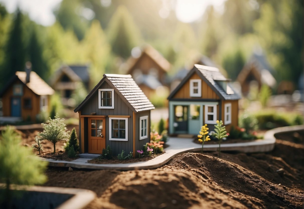 Tiny home builders construct small houses in a community setting, surrounded by nature and communal spaces