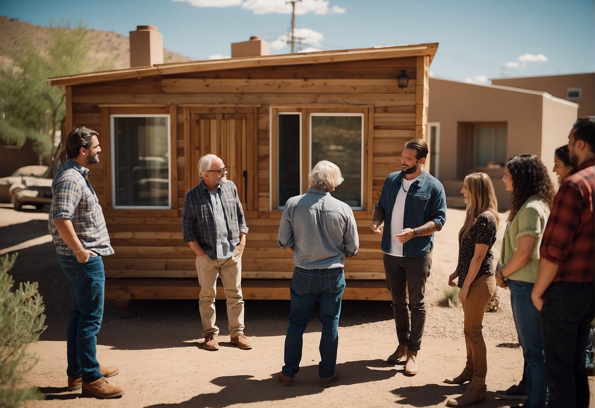 A group of people gathered around a small, intricately designed tiny home, discussing and exchanging ideas in Albuquerque