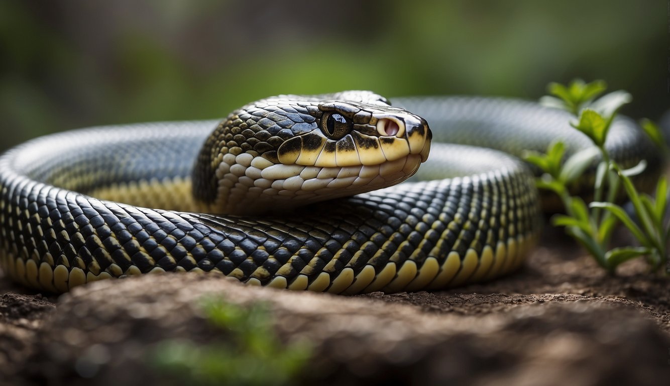 A coiled snake with forked tongue, scales glistening, poised to strike