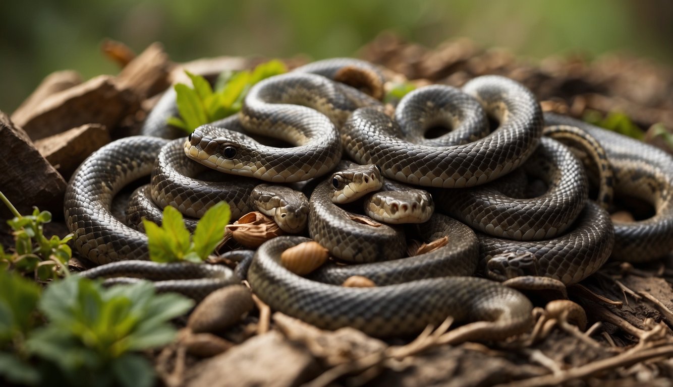 A group of snakes gather around a pile of various foods, including rodents and insects.

Some snakes are coiled around their prey, while others are in the process of swallowing their meal whole
