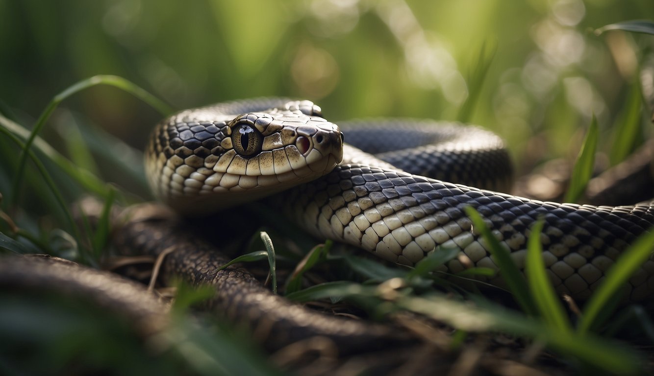 A group of snakes slithering through tall grass and around tree branches, with one snake shedding its skin