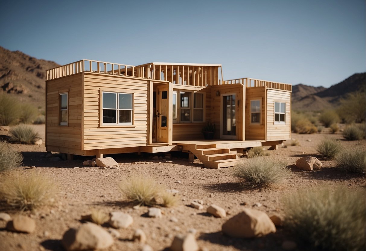 Tiny home builders in Arizona construct a compact dwelling under the hot desert sun