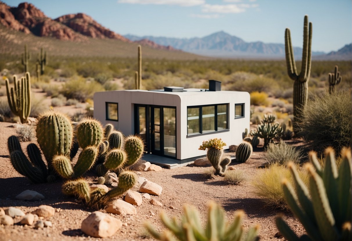 A desert landscape with a small, modern tiny home nestled among cacti and rocky terrain in the Arizona sun