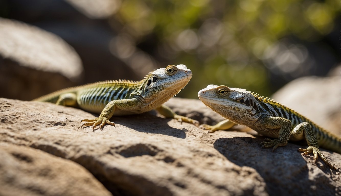 Two lizards basking on a sun-drenched rock, their colorful scales glistening in the sunlight as they soak up the warmth