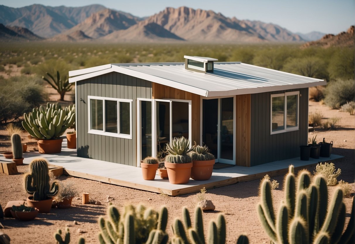 A tiny home being built in the Arizona desert, surrounded by cacti and mountains in the background