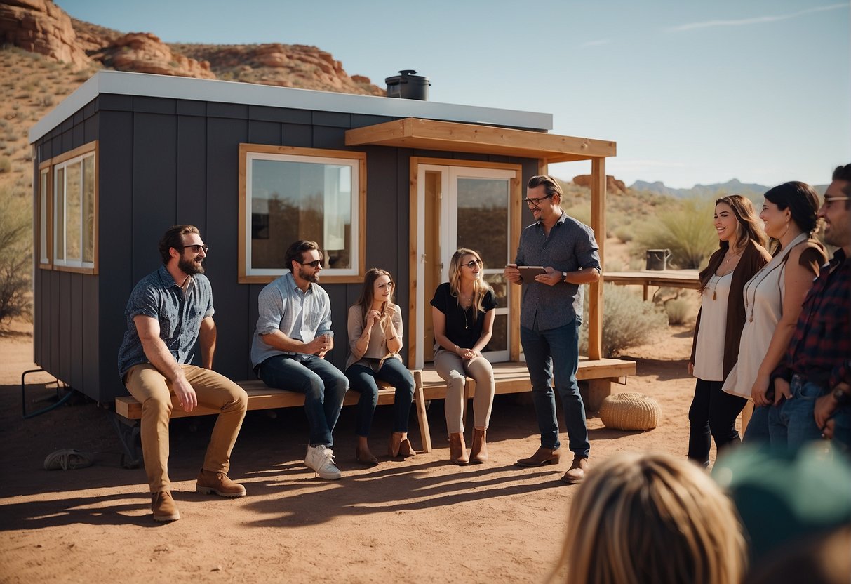 A group of people gather around a small, stylish tiny home in the Arizona desert, asking questions and discussing the building process