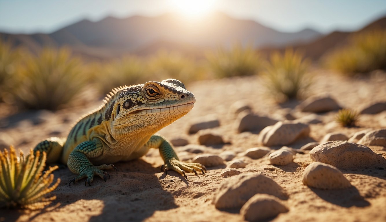 A desert landscape with a bright, hot sun, and a group of colorful, fast-moving lizards basking in the sunlight