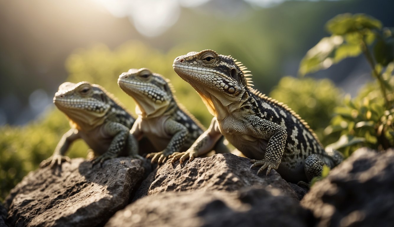 A group of sun-loving lizards basking on rocks, surrounded by human litter and pollution
