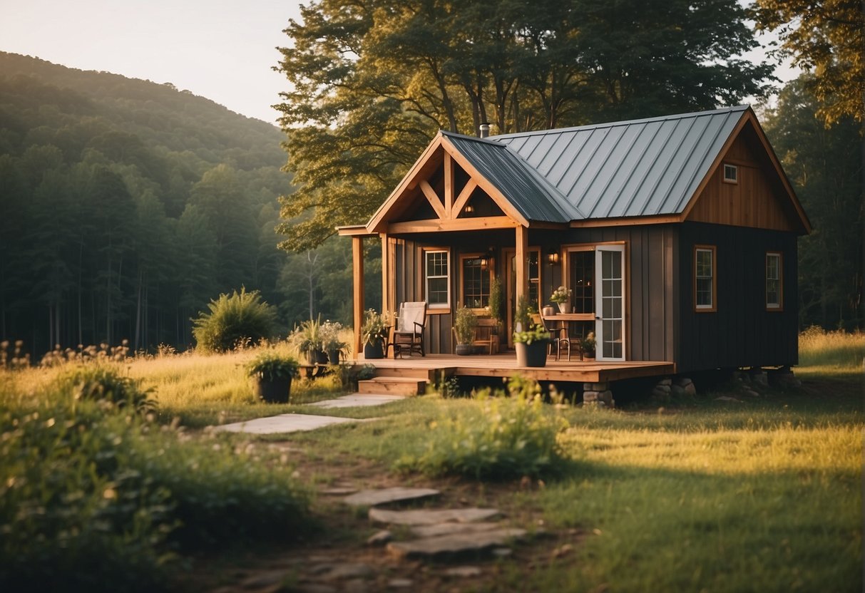 Tiny home builders in Arkansas construct a cozy cabin with a front porch and a sloped roof, surrounded by lush green trees and a serene countryside backdrop