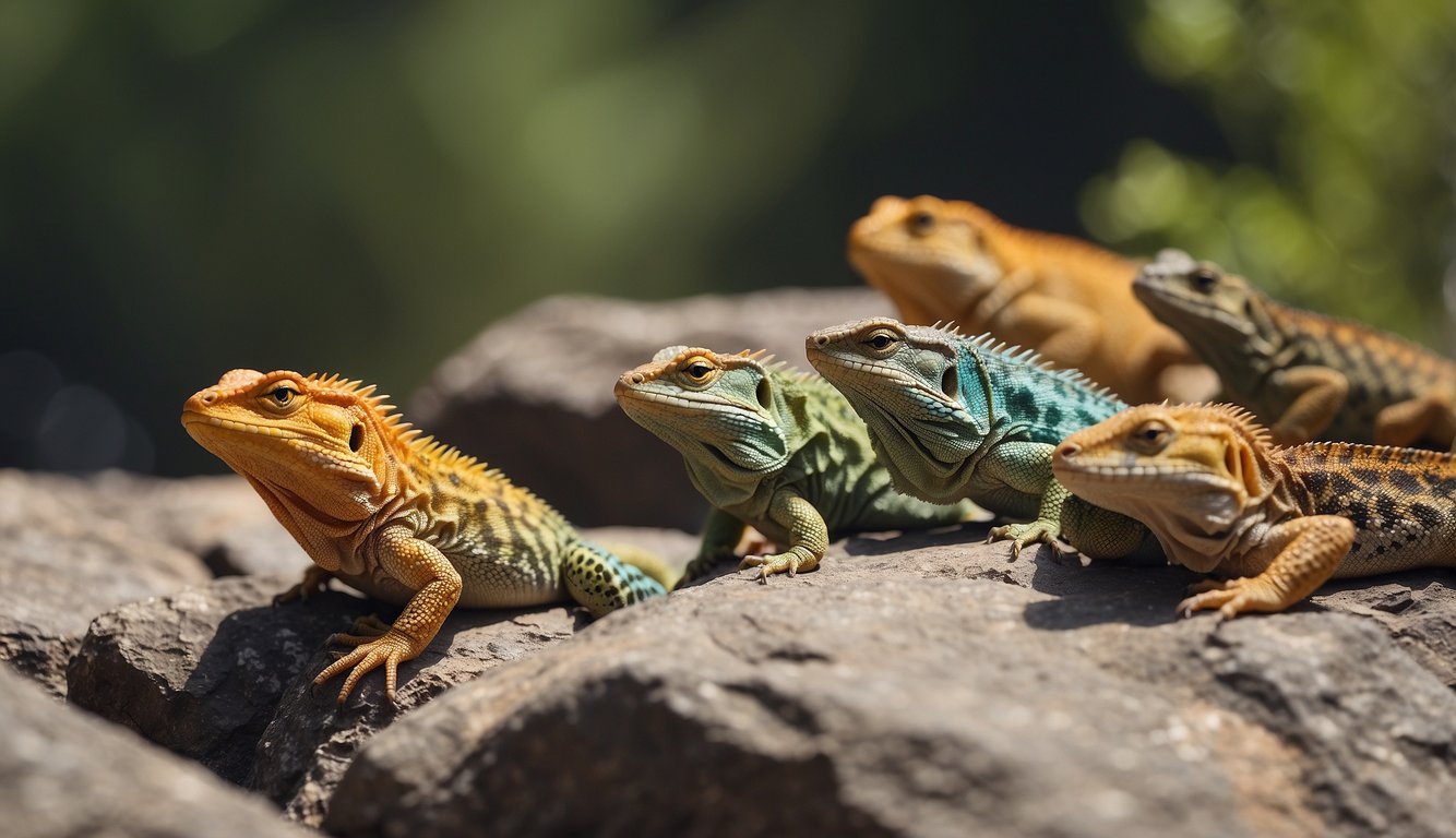A group of sun-loving lizards basking on a rocky outcrop, with vibrant colors and patterns.

Some are scurrying about, while others are lazily soaking up the warmth