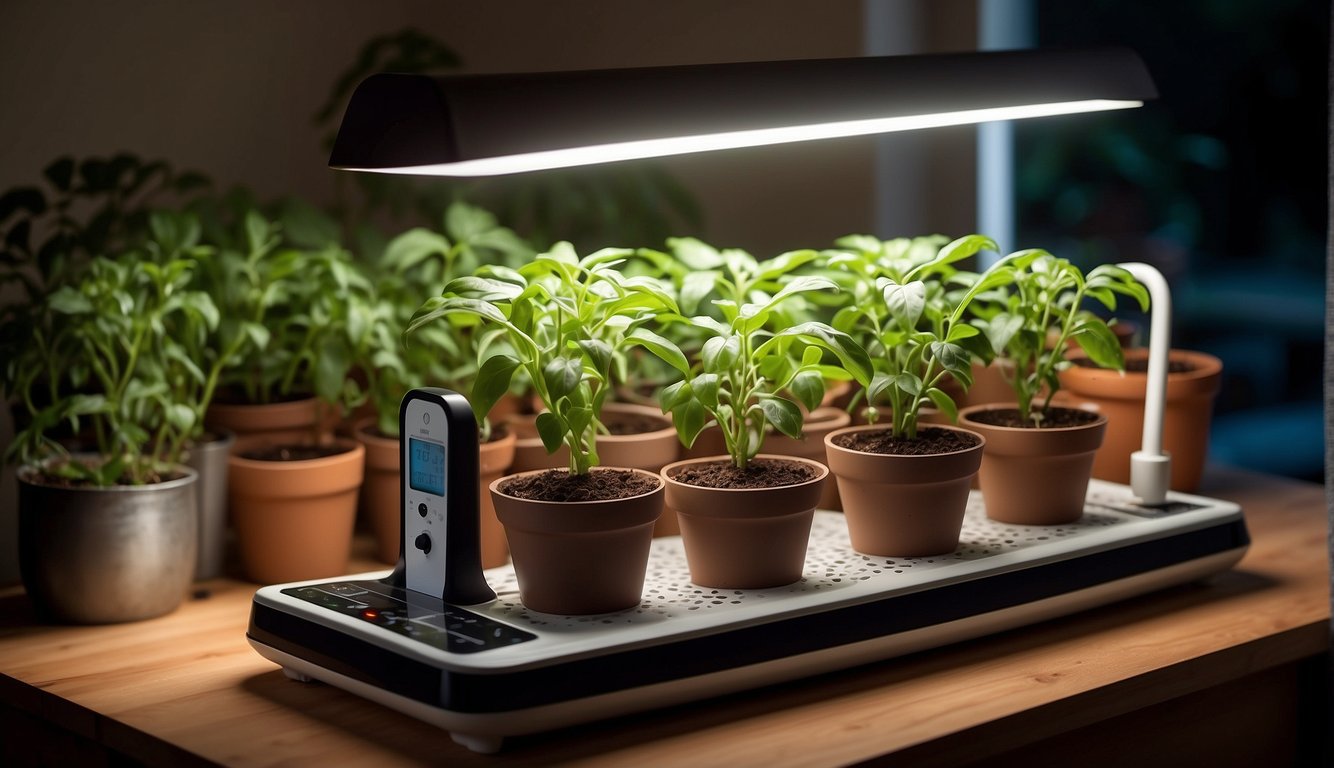 A table with grow lights, pots, soil, and pepper seedlings. A thermometer and humidifier maintain optimal conditions for year-round indoor pepper growth