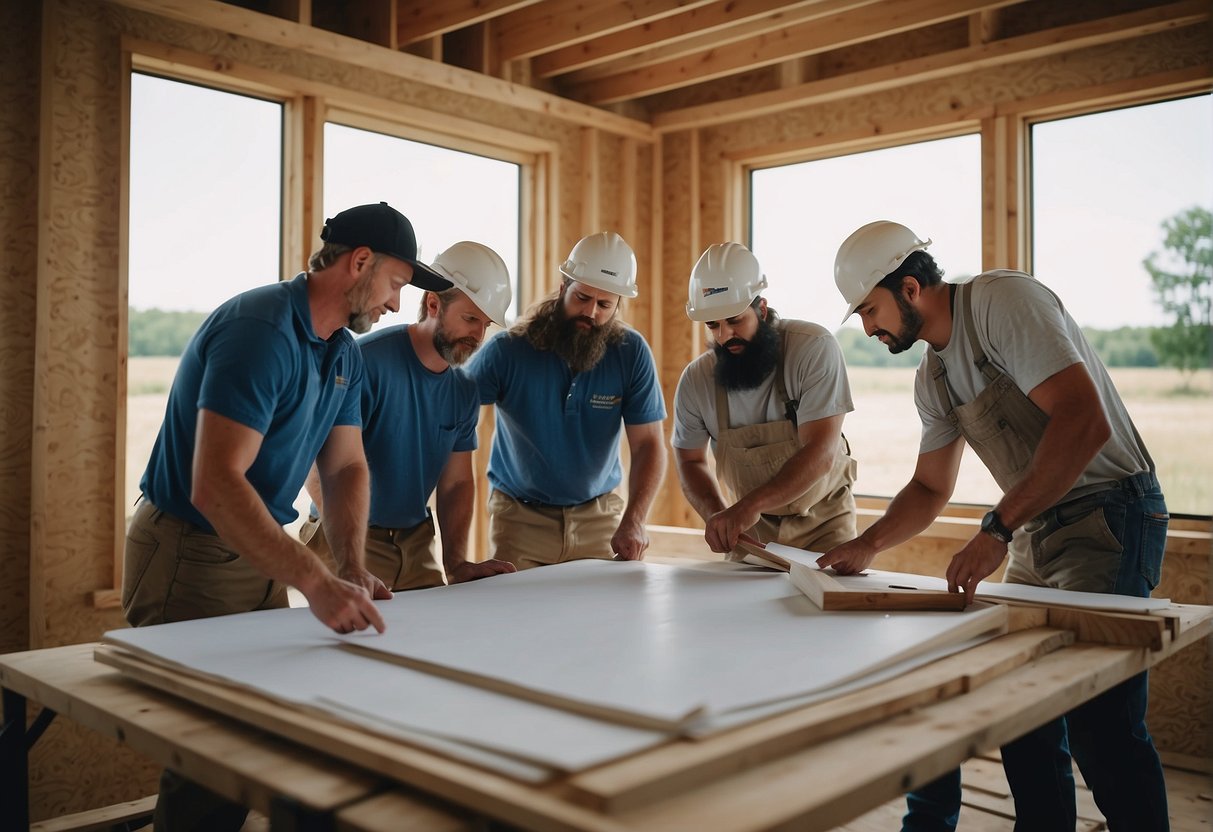 A group of builders in Arkansas carefully selecting materials and discussing design options for a tiny home