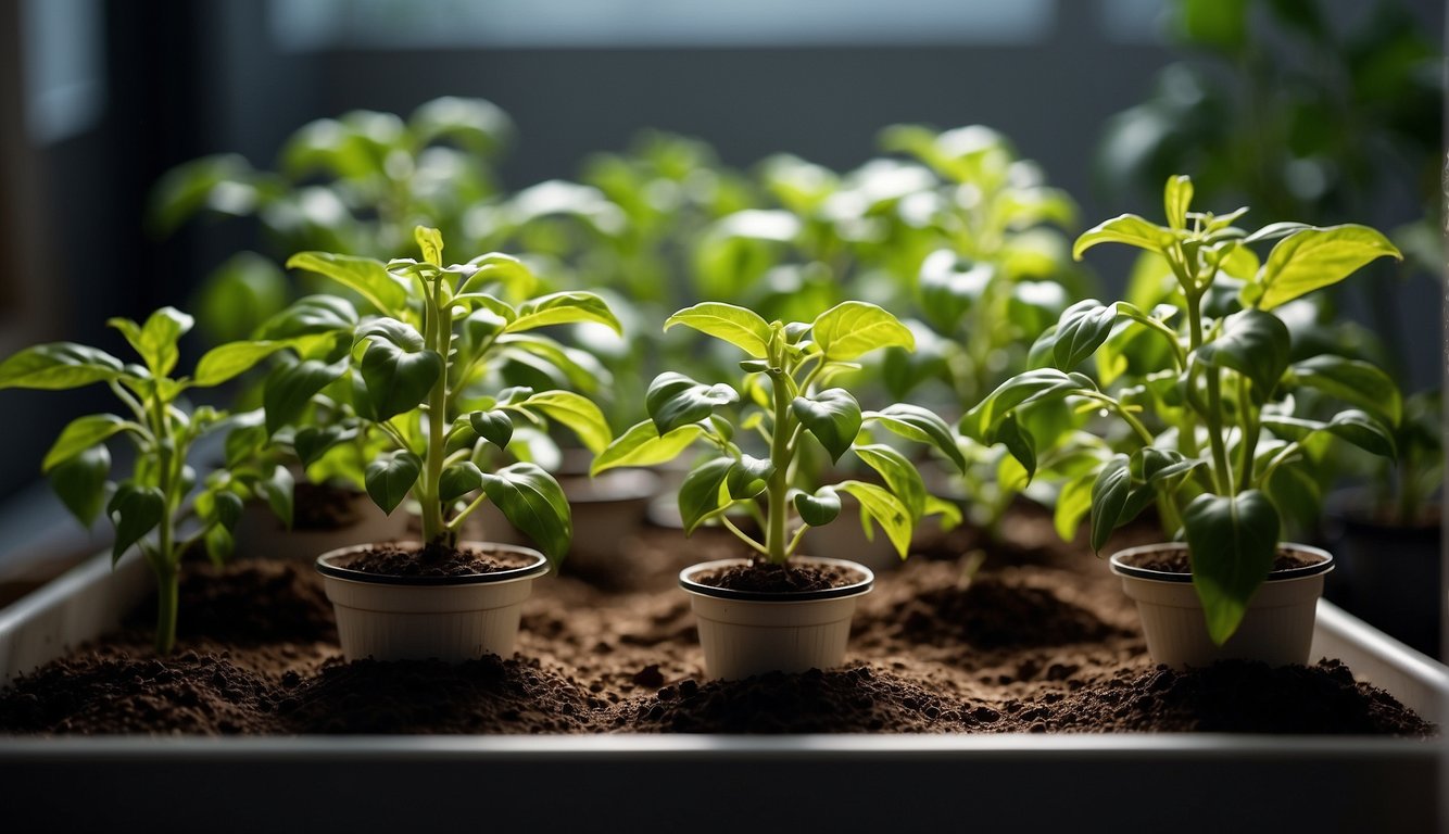 Lush green pepper plants thrive indoors under warm grow lights, surrounded by pots of rich soil and carefully placed water and nutrient supplies