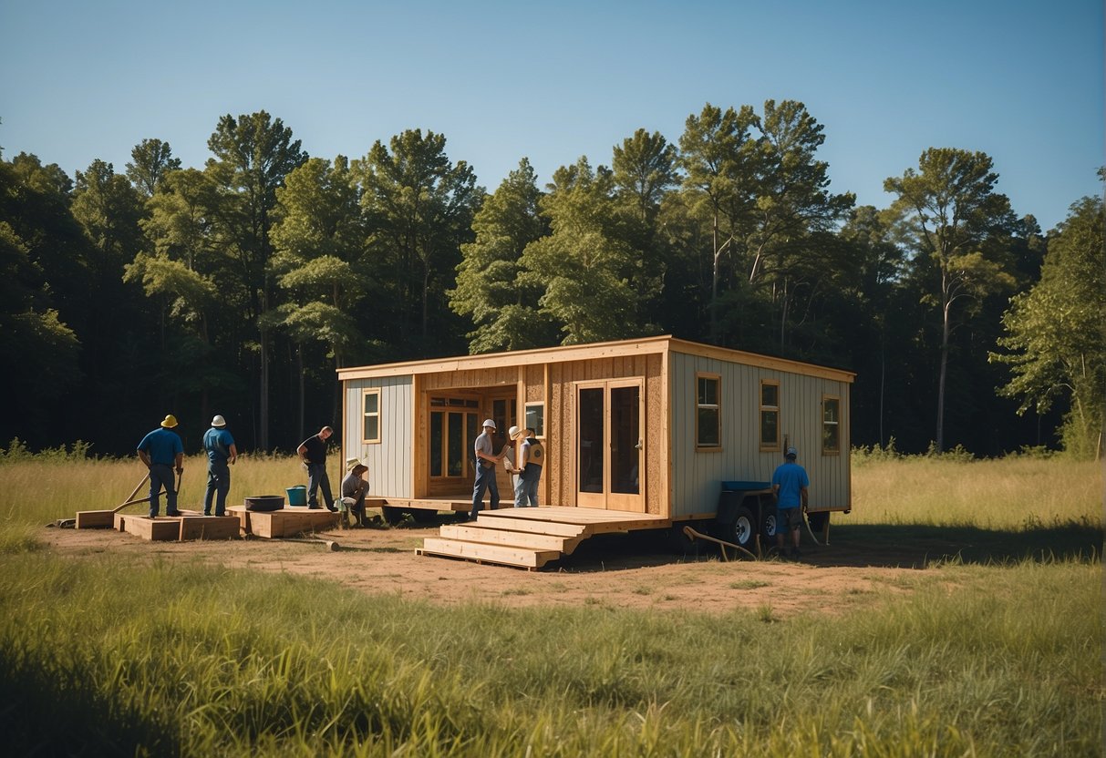 A group of skilled workers construct a tiny home in a scenic Arkansas countryside, surrounded by lush greenery and clear blue skies
