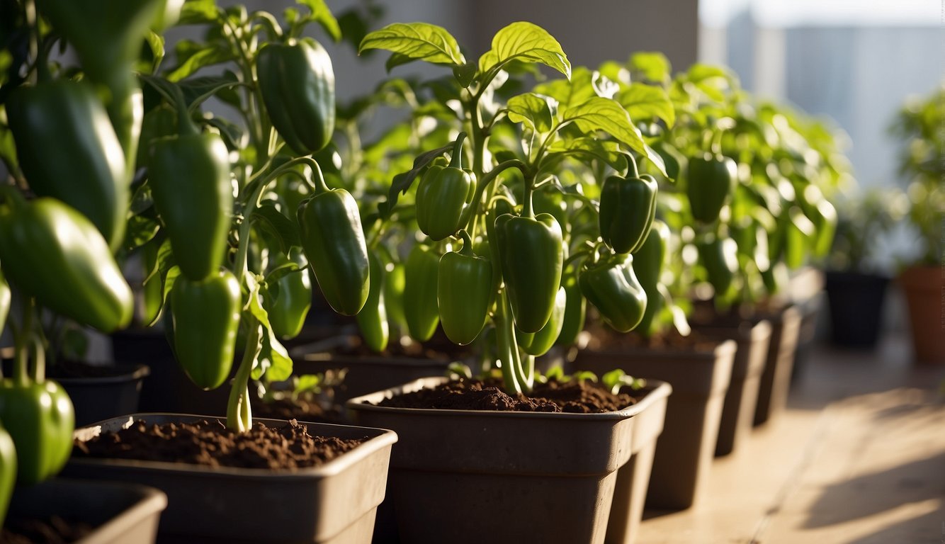 Lush green pepper plants thrive in a sunlit indoor space, surrounded by pots of rich soil and bathed in warm, artificial light