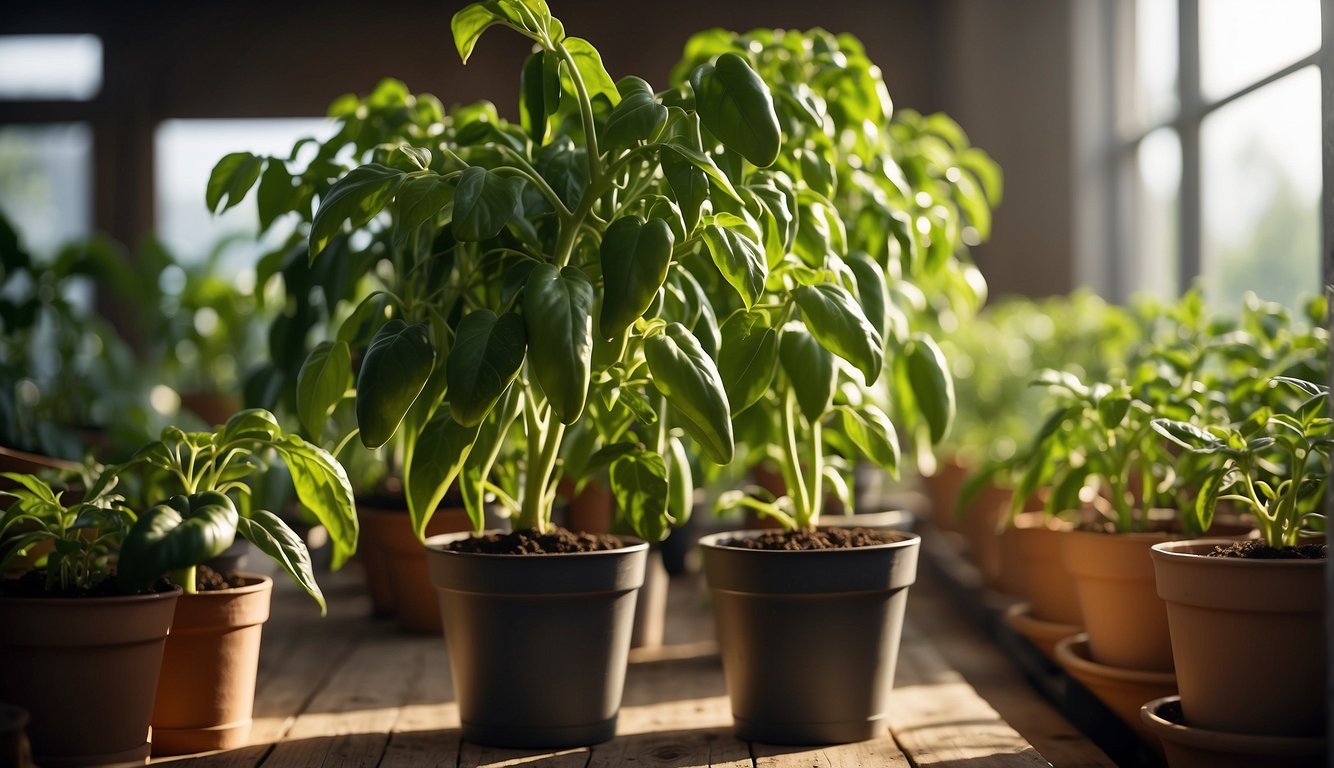 Lush green pepper plants thrive in a sunlit indoor space, surrounded by pots of rich soil and a gentle misting system