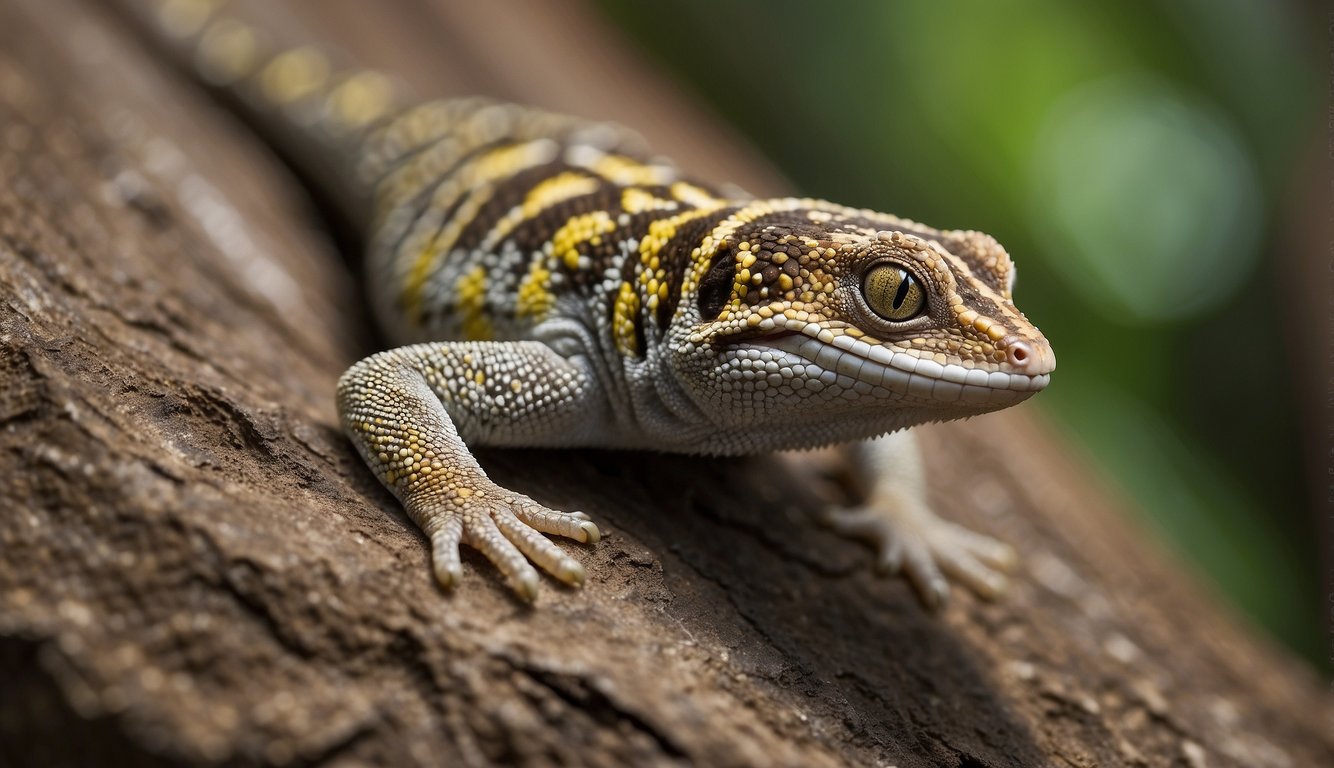 A gecko effortlessly scales a vertical surface, its sticky feet adhering to the rough texture.

The creature's body is poised in a graceful and agile manner as it navigates the challenging terrain