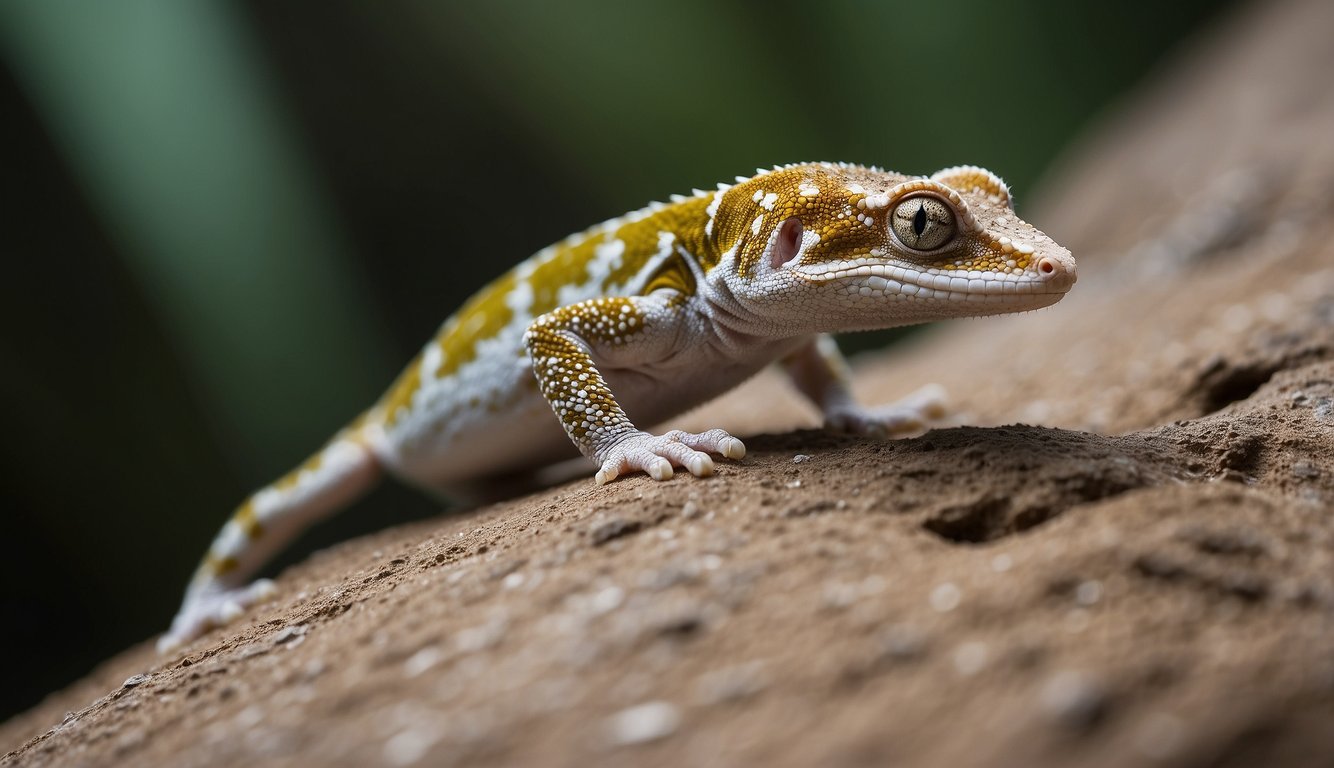 A gecko effortlessly scales a vertical surface using its sticky feet, leaving behind tiny footprints as it moves with ease