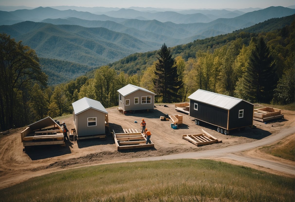 Tiny homes being constructed in Asheville, NC with mountains in the background