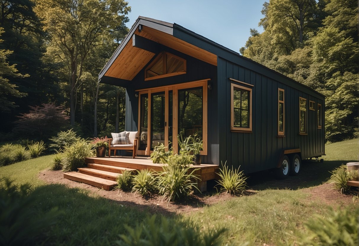 A tiny home nestled in the lush mountains of Asheville, surrounded by trees and a clear blue sky