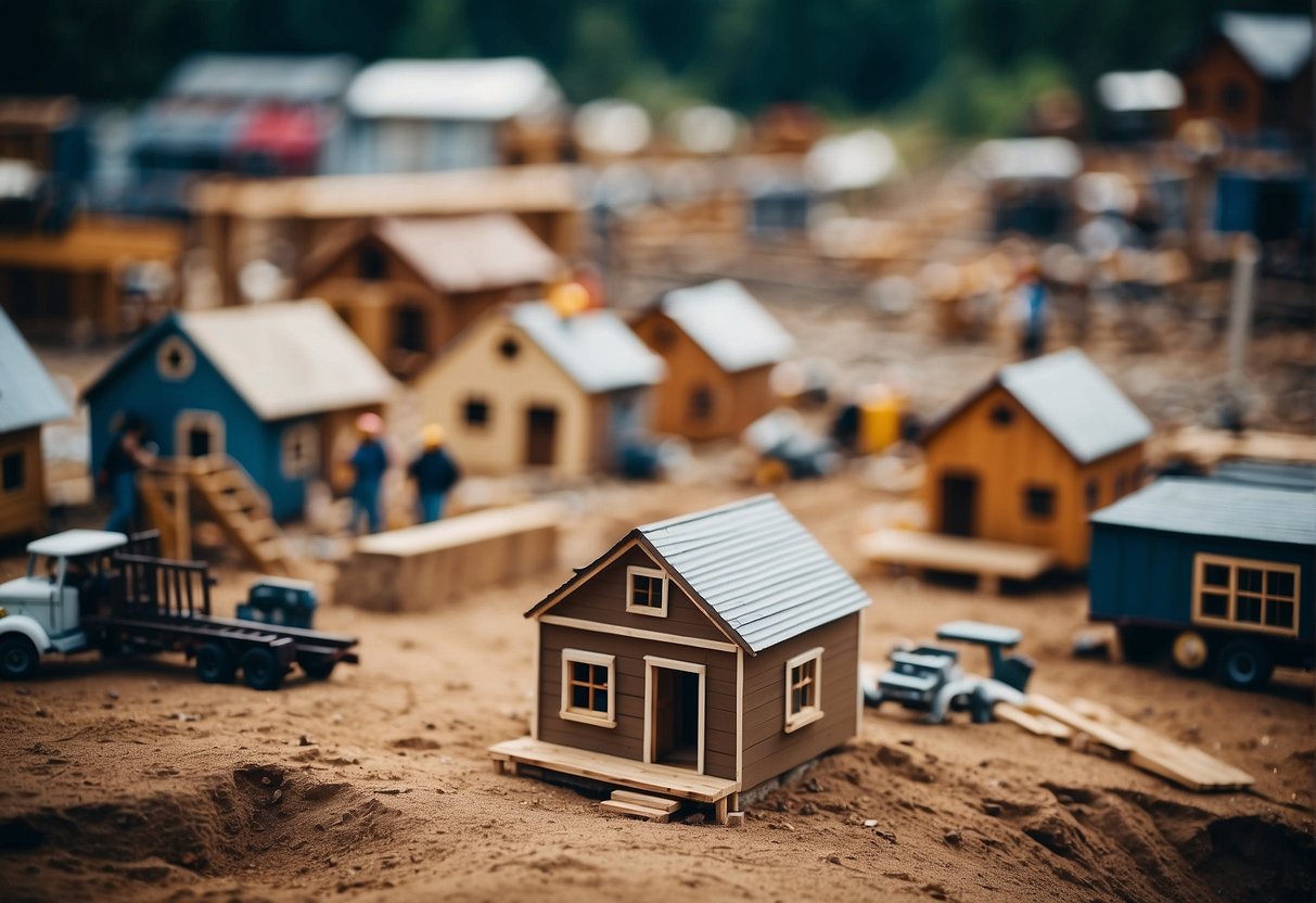 A bustling construction site in Asheville, with tiny homes being built by skilled builders in various communities