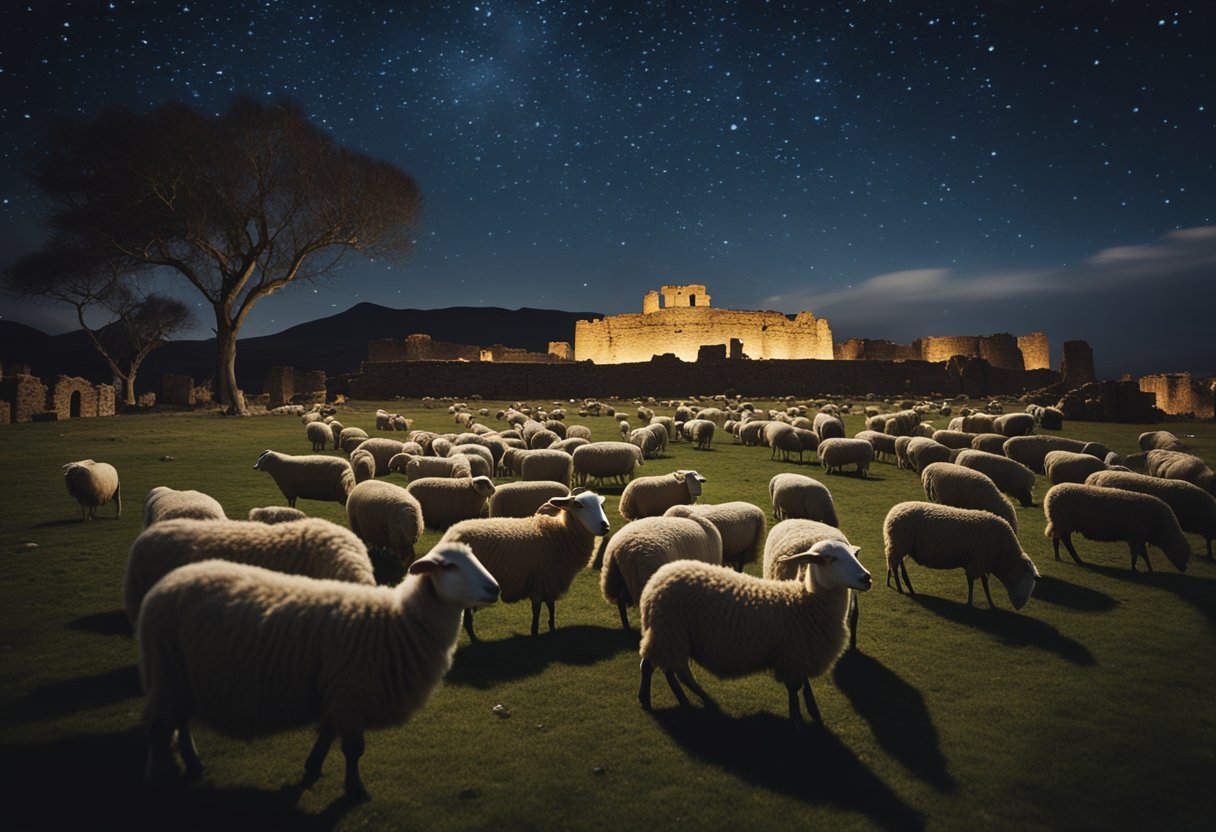 A flock of sheep grazing under a starry night sky, surrounded by ancient ruins and symbols of cultural and mythological significance