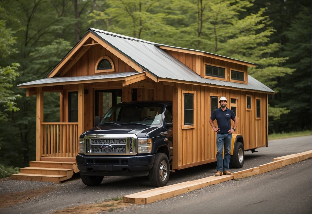 Tiny home builders in Asheville, NC navigate zoning laws and obtain building permits for their projects. Trucks deliver materials to construction sites