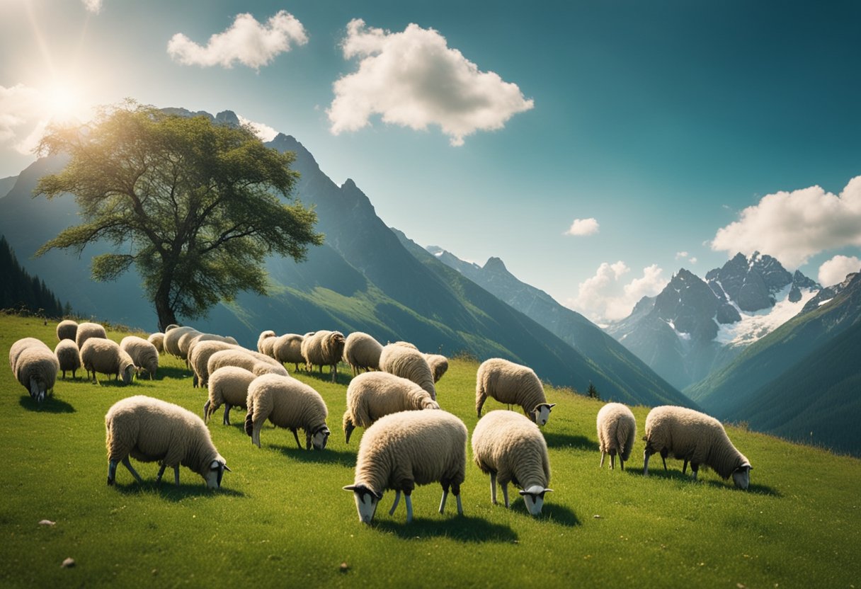 A flock of sheep grazing peacefully in a lush green meadow, with a majestic mountain range in the background, symbolizing the spiritual power and connection of sheep as totem animals