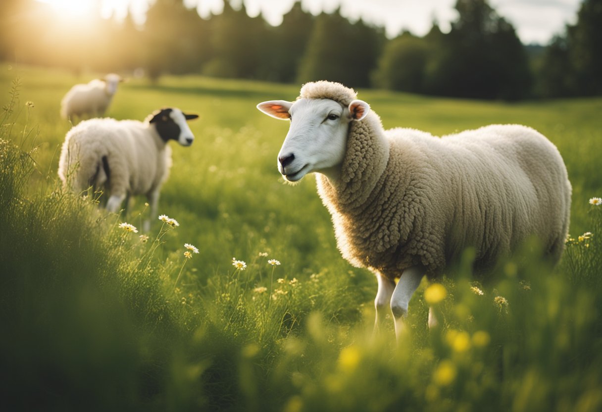 Sheep grazing peacefully in a lush green meadow, surrounded by a diverse array of plants and wildlife. The sun is shining, and a gentle breeze rustles through the grass
