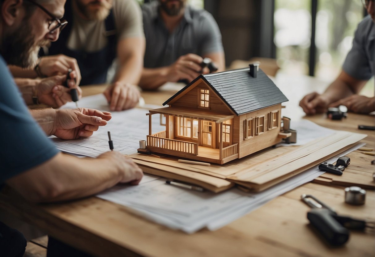 A group of tiny home builders in Asheville, NC, surrounded by blueprints and tools, discussing construction plans and answering questions