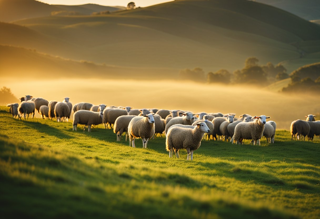 A flock of sheep peacefully grazes in a lush, green pasture, surrounded by rolling hills and a serene, golden sunset