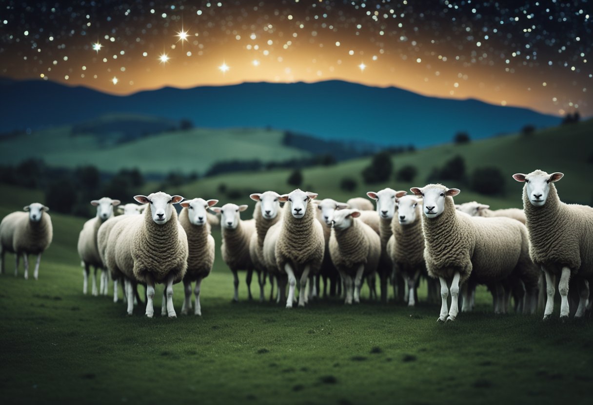 A flock of sheep grazing under a starry night sky, with the constellation of Aries shining brightly above them