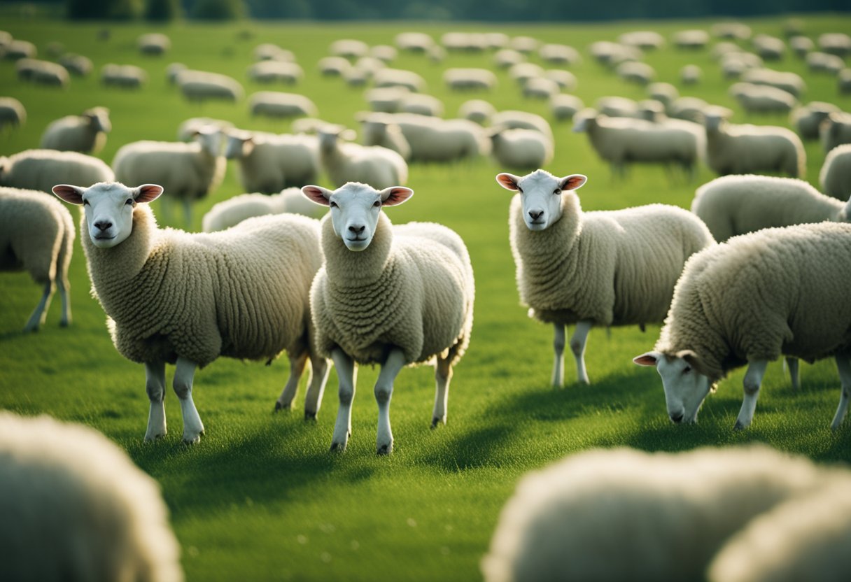 A flock of sheep grazing peacefully in a green meadow, symbolizing unity, innocence, and spirituality in the natural world