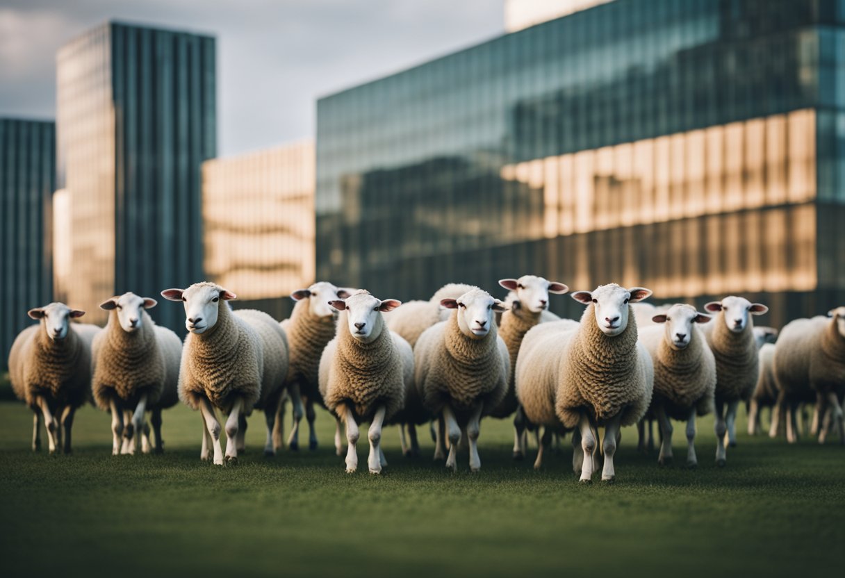 A flock of sheep graze in a sleek, urban setting, surrounded by modern architecture. Their presence evokes a sense of peace and tranquility, symbolizing spiritual connection and purity