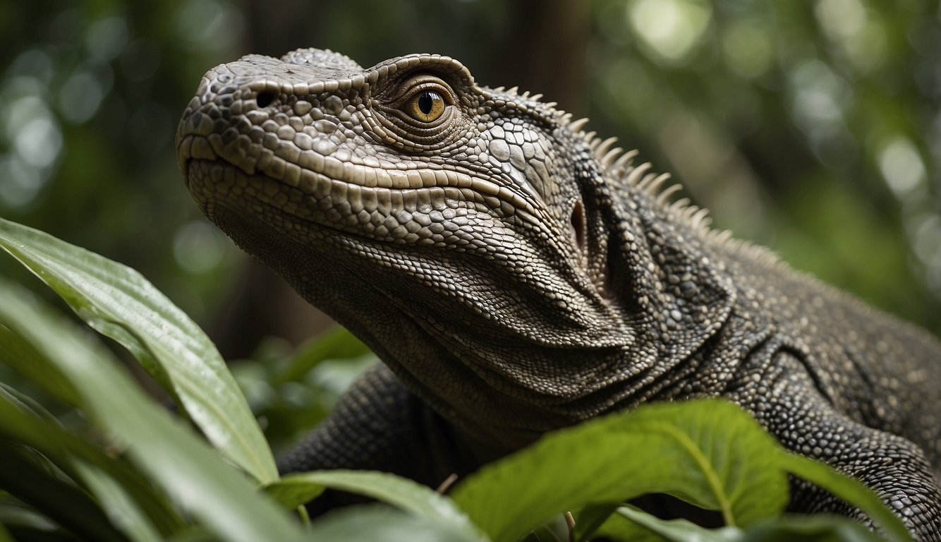 The Komodo dragon prowls through its tropical habitat, its massive body blending into the lush greenery.

Its forked tongue flicks out, sensing the air for prey