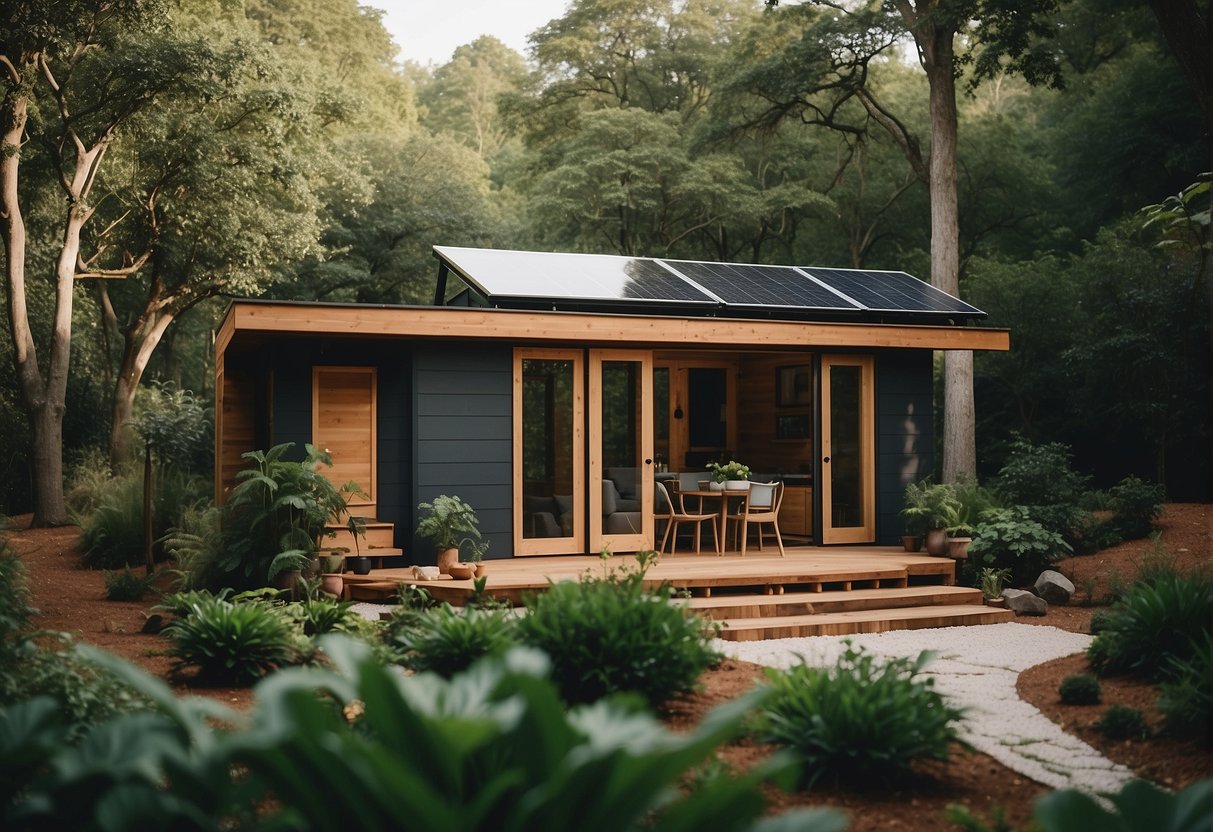 A cozy tiny home nestled in a lush Atlanta neighborhood, with solar panels and a small garden, showcasing the sustainable and minimalist lifestyle