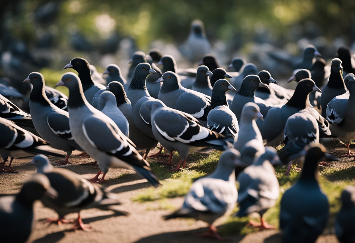 A flock of pigeons huddled around a lifeless bird, their heads bowed in mourning, conveying the spiritual symbolism of death and the interconnectedness of life and death